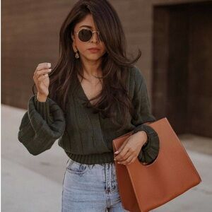 ASTR THE LABEL EVIE SURPLICE RIBBED GREEN V-NECK SWEATER SIZE MEDIUM